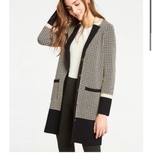 Ann Taylor Womens “Coatigan” Cardigan Color Block Grid Pattern Black &Tan Sz M